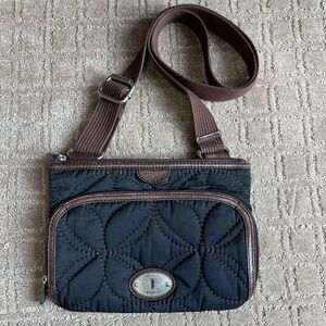 Fossil Quilted Crossbody Purse Women's Black Brown Adjustable Leather Trim Retro